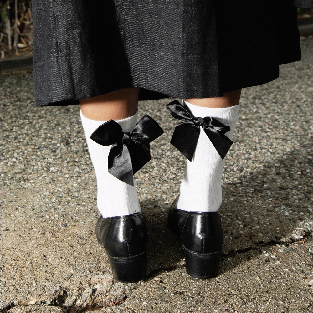 CHRISTINE GARCIA White Mid Crew Socks with Black Satin Bows